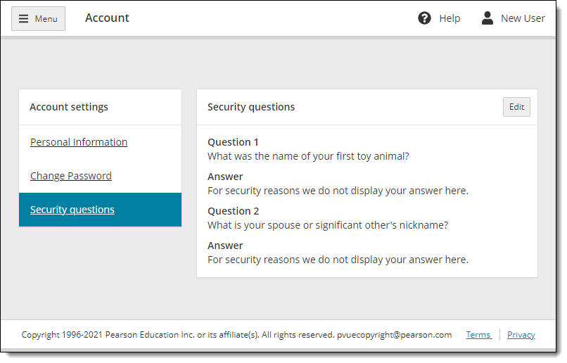 User account security questions page.